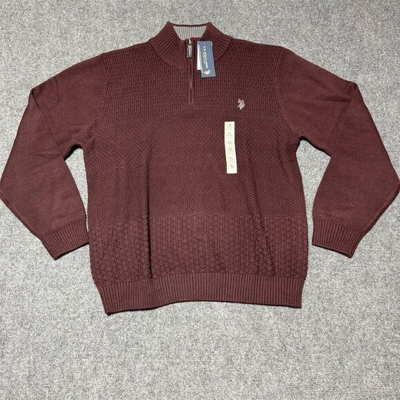 NWT U.S. Polo Assn. Men's XL 1/4 Zip Cable Knit Sweater Maroon Pullover Standard - Picture 1 of 5